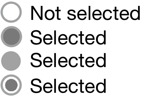 四つのラジオボタン。一つ目は「Not selected」とラベル付けされた無地の円。二つ目はボーダーより濃い色で埋められた円を示す。三つ目はボーダーと同じ色で埋められている。四つ目は内部が埋められた、外側のボーダーとの間に隙間がある円。